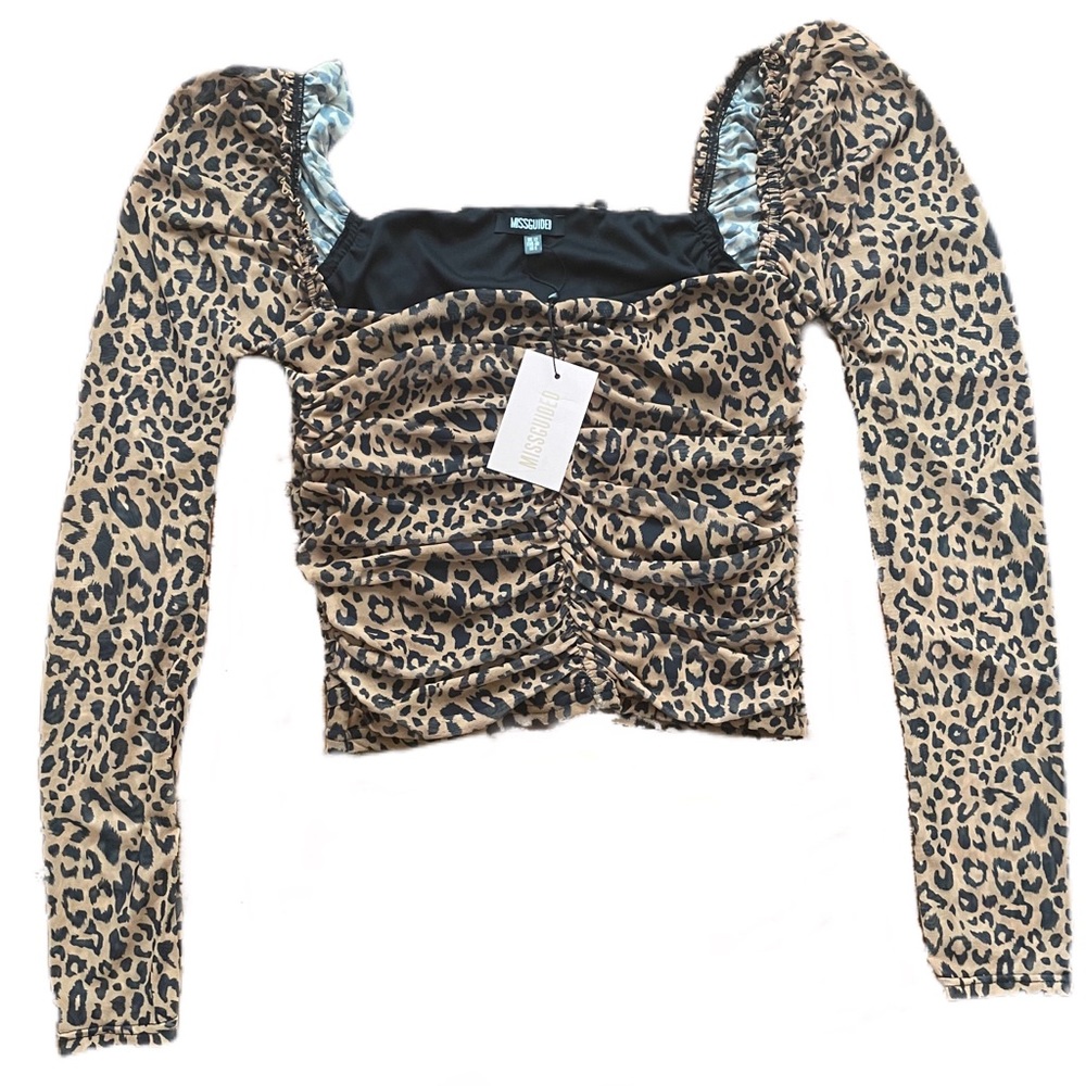 Misguided leopard print top with ruched sleeves